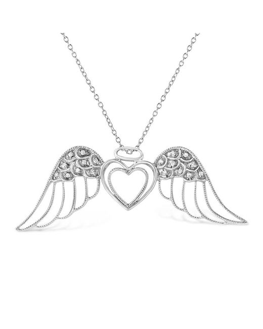 Haus of Brilliance Metallic .925 Sterling Silver Pave-set Diamond Accent Angel Wing 18'' Double Heart Pendant Necklace