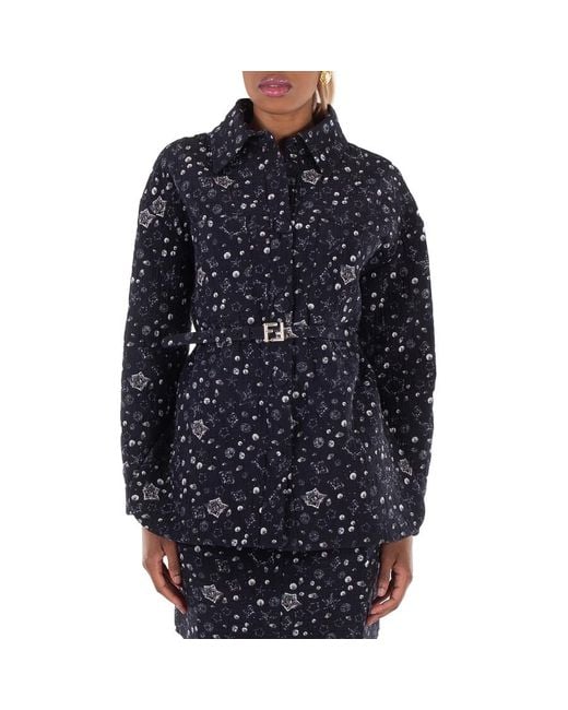Fendi Blue Giacca Mirror Canvas Print Cotton Jacket, Brand Size 40 (Us