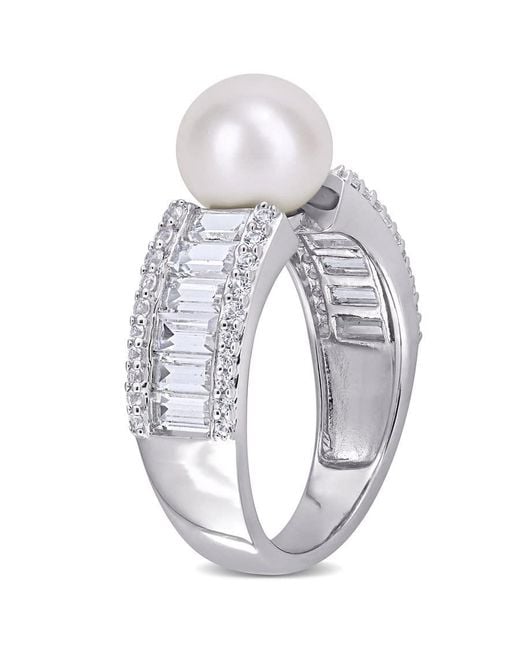 Amour Metallic 8-8.5Mm Cultured Freshwater Pearl And 2 2/5 Ct Tgw Created Sapphire Engagement Ring