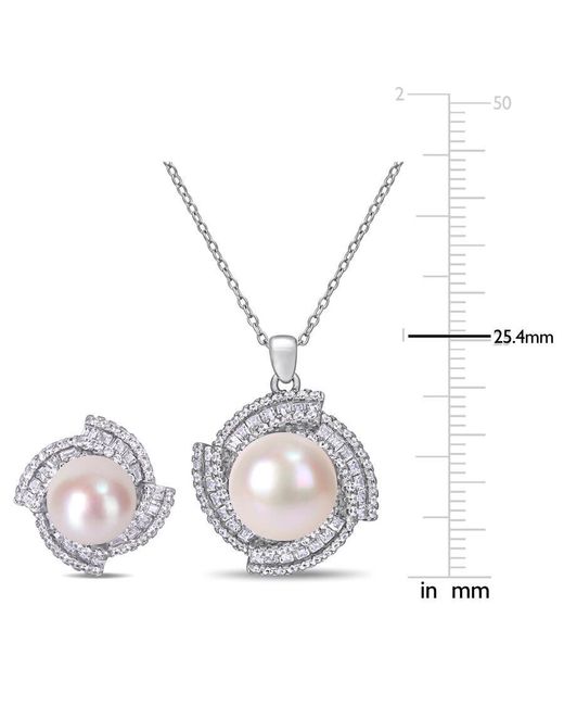 Amour White 9.5-12.5 Mm Cultured Freshwater Pearl 3 3/4 Cubic Zirconia Geometric Halo Necklace And Stud Earring Set