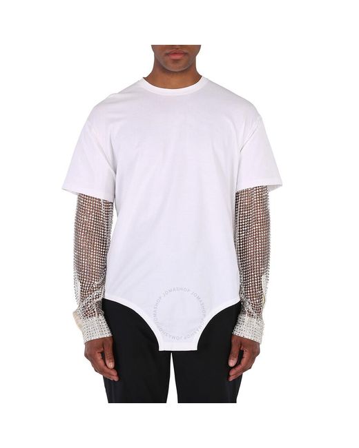 Burberry White Optic Cotton Cut-out Hem Crystal Sleeve Oversized T-shirt for men