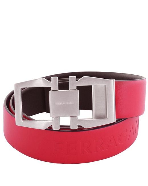Ferragamo Red Gancini Buckle Debossed Logo Leather Belt, Cm for men