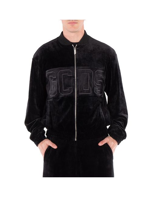 Gcds Black Logo-Embroidered Velvet Zip-Up Sweatshirt for men