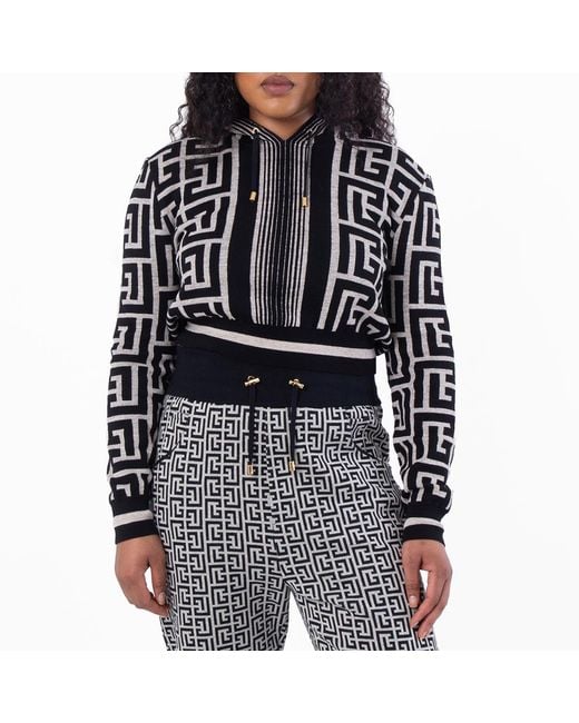 Balmain Black Monogram Drawstring Hoodie, Brand Size 36 (Us
