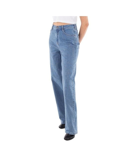 ROTATE BIRGER CHRISTENSEN Blue Ladies Light Denim Rhinestone Wide Leg Jeans