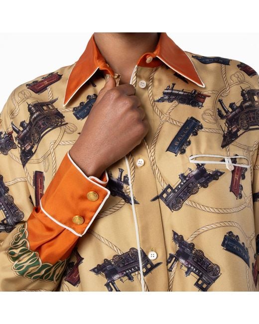 Bally Green Train Printed Long-Sleeved Silk Shirt, Brand Size 38 Us