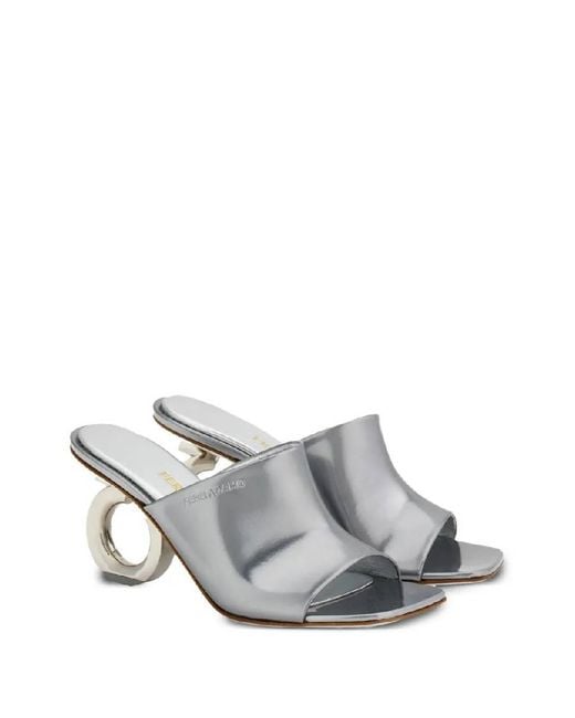 Ferragamo White Gancini Elina Leather Sandals