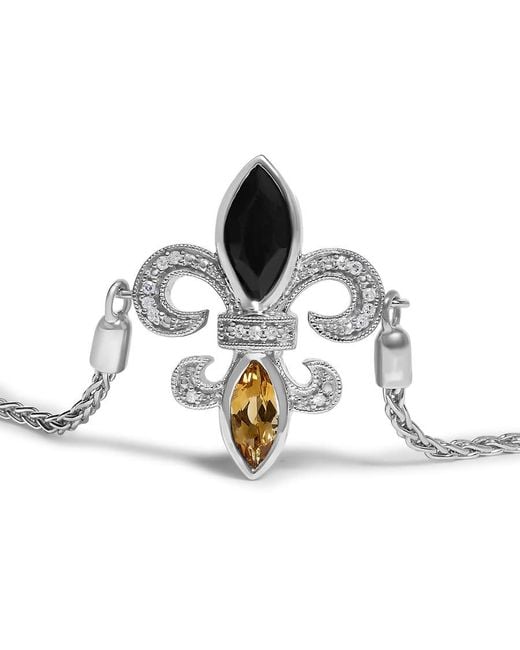 Haus of Brilliance Metallic 925 Sterling Marquise Onyx, Citrine, And Diamond Accent Lariat 4-10 Fleur De Lis Bolo Bracelet