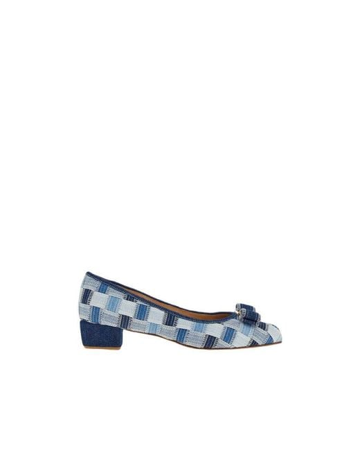 Ferragamo Blue Varina Checked Block-Heel Pumps