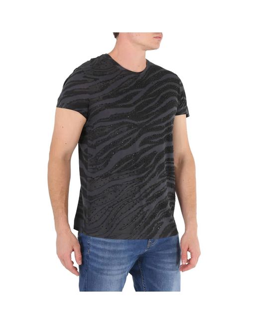 Roberto Cavalli Black Animalia Print Strass Cotton T-shirt for men