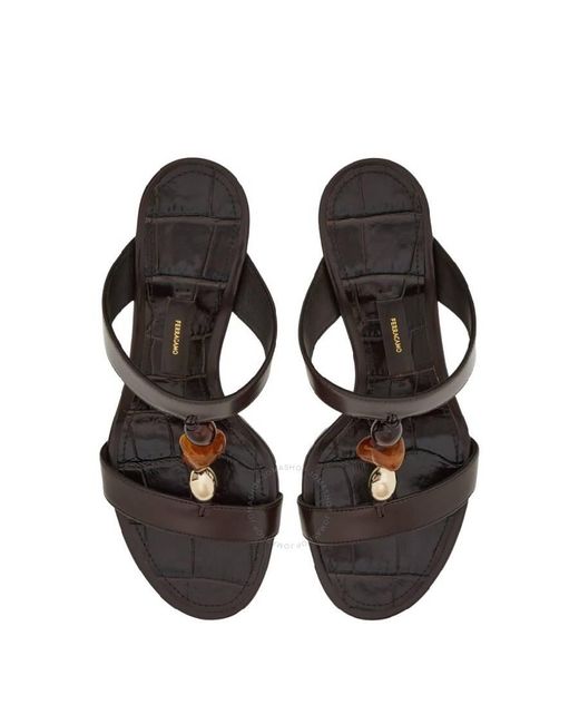 Ferragamo Brown Beaded Strap Wedge Sandals, Size 7