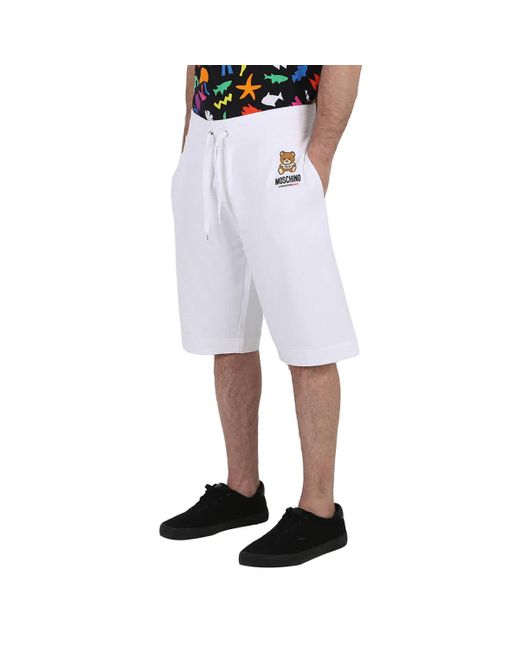 Moschino White Teddy Logo Embroidered Drawstring Shorts for men
