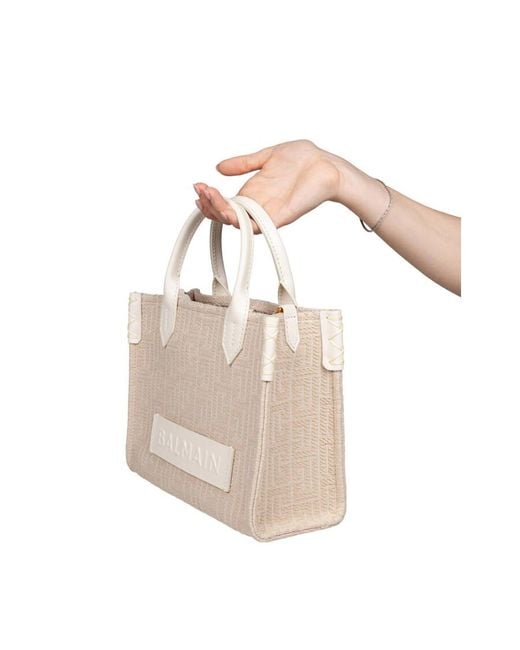 Balmain Small B-Army Jacquard Canvas Tote Bag, Natural Color
