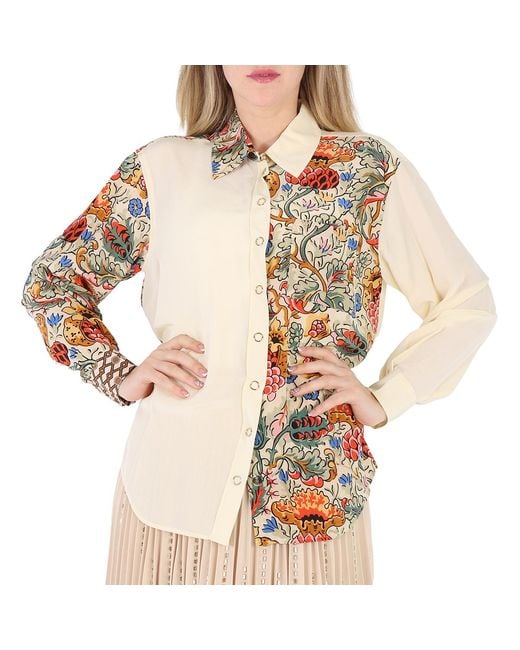 Burberry Natural Ladies Vanilla Juliette Floral-Print Paneled Silk Oversized Shirt, Brand Size 8 (Us