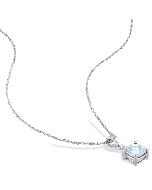 Amour White Cushion Cut Checkerboard Aquamarine Pendant And Chain With Diamond Accent