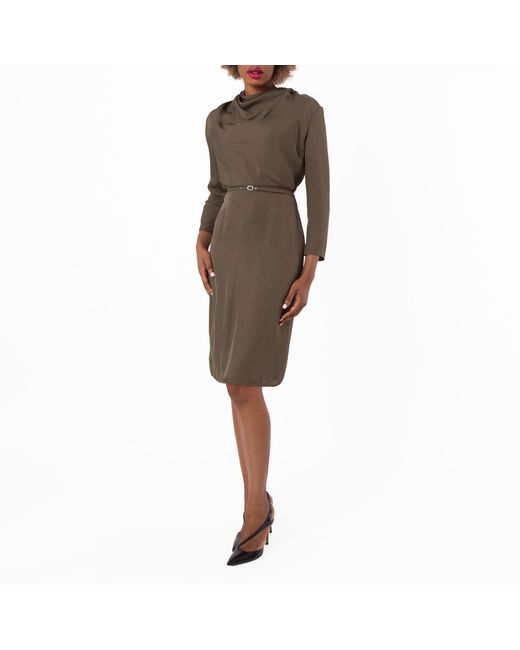 Bally Brown Military Cowl-Neck Belted Midi Dress
