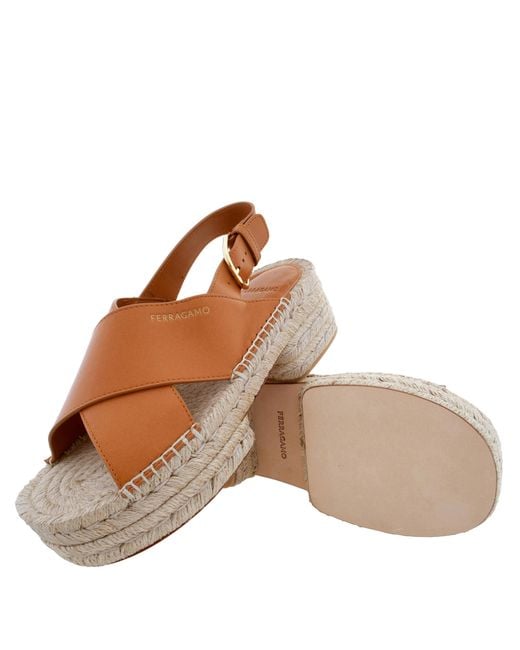 Ferragamo Brown Leather Platform Espadrille Sandals