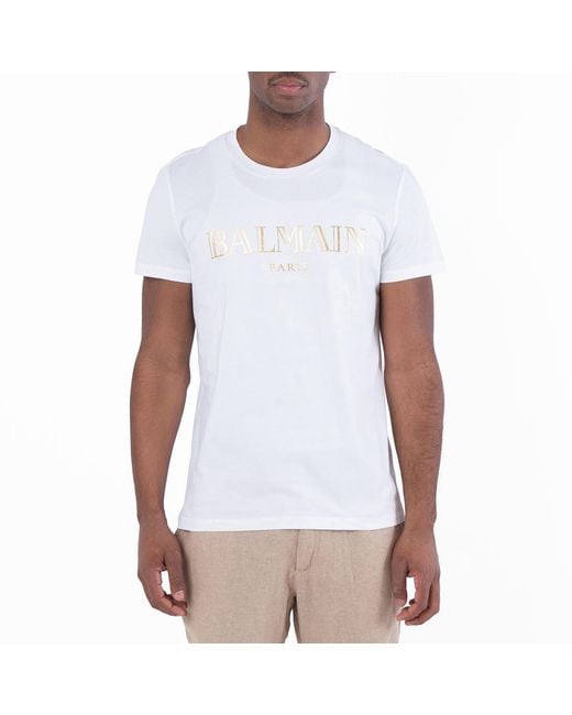 Balmain White Metallic Logo Print Cotton T Shirt for men