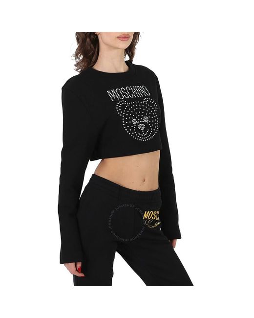 Moschino Black Fantasy Print Crystal Teddy Cropped Cotton Sweatshirt