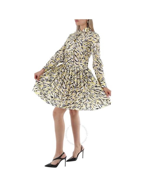 Roberto Cavalli Yellow Aragonite/ Blades Long Sleeve Printed Silk Dress