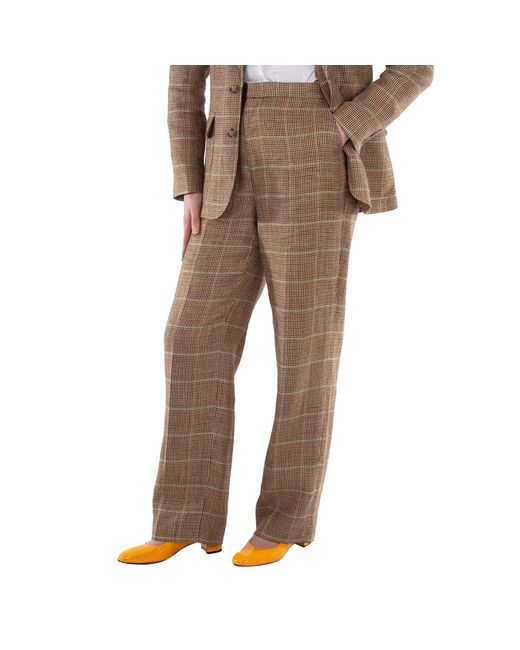 Polo Ralph Lauren Brown Straight-Leg Plaid Linen-Silk Trouser