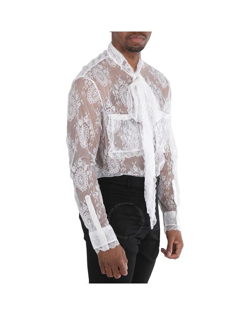 Burberry White Optic Oversized Tie-neck Chantilly Lace Shirt for men