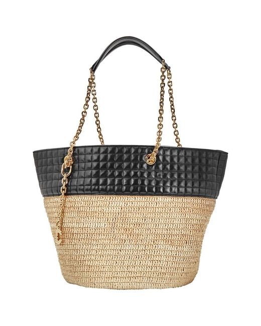 Céline Black Raffia And Calfskin Medium Quilted Basket Bag