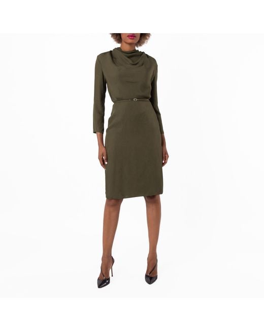 Bally Brown Military Cowl-Neck Belted Midi Dress