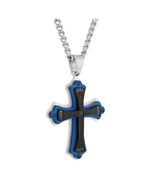 Robert Alton Blue 07Ctw Diamond Stainless Steel With And Finish Cross Pendant for men