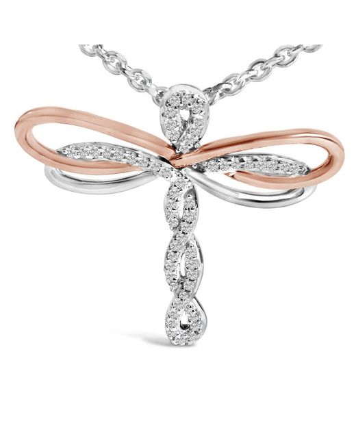 Haus of Brilliance White 14K Rose Plated Sterling 1/10 Cttw Diamond Dragonfly Pendant Necklace