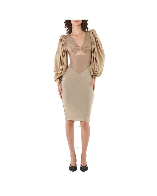 Burberry Natural Pecan Melange Panelled Wool Silk Jersey Dress