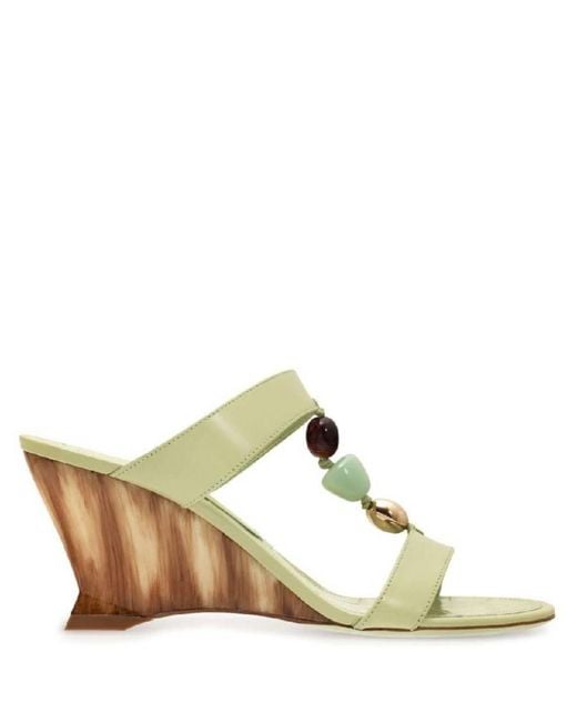 Ferragamo Green Beaded Leather Wedge Sandals