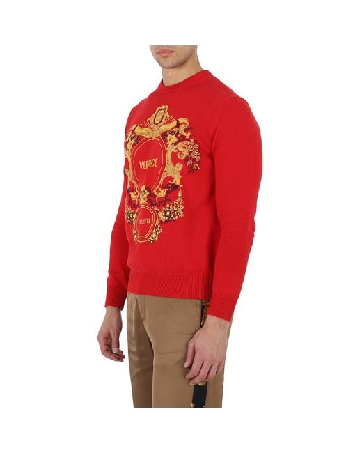 Versace Red Intarsia Knit Jacqurd Sweater, Brand Size 48 (Us Size 38) for men