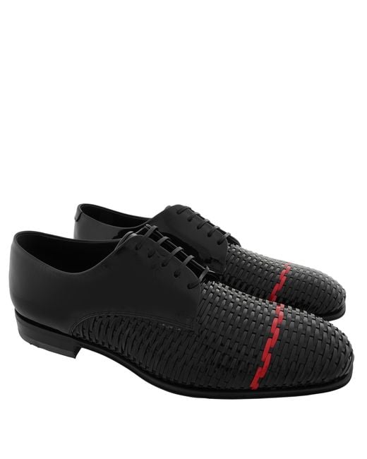 Ferragamo Black Woven Leather Derby Shoes for men