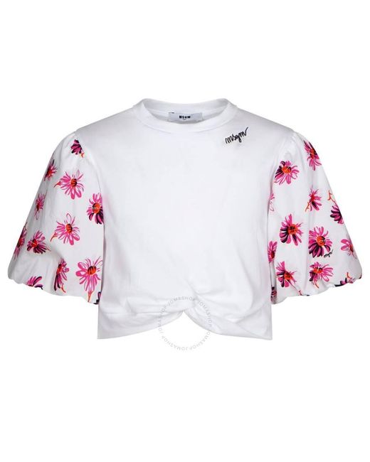 MSGM Pink Girls Floral Ruffle Sleeve Logo Cotton Shirt