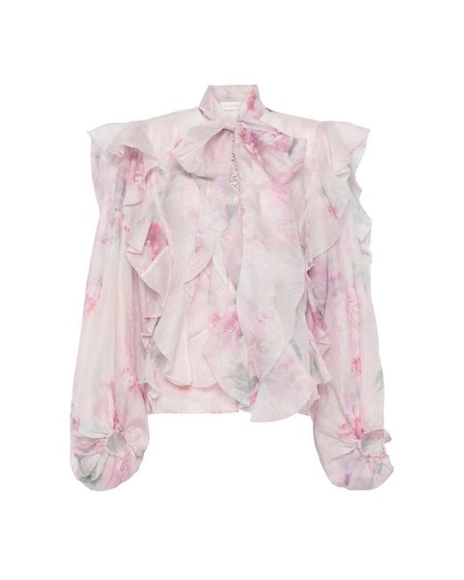 Zimmermann Pink Crush Tie Neck Ruffle Blouse