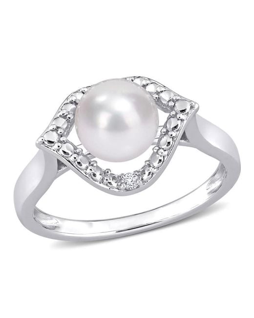 Amour White 7-7.5Mm Freshwater Cultured Pearl And Created Sapphire Halo Ring
