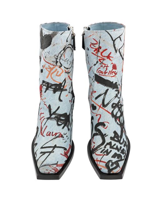 Burberry Blue Millbank Graffiti Print Denim Ankle Boots