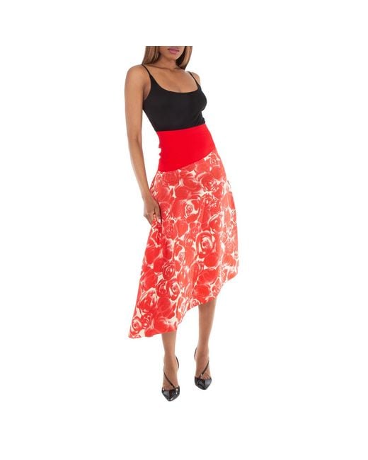 Burberry Red Rose-Print Asymmetric Silk Skirt, Brand Size 4 Us
