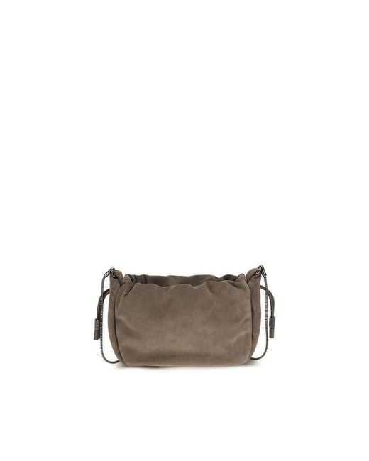 Brunello Cucinelli Gray Suede With Precious Chain Shoulder Bag