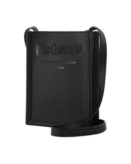 McQueen Black Logo-Embossed Crossbody Bag for men