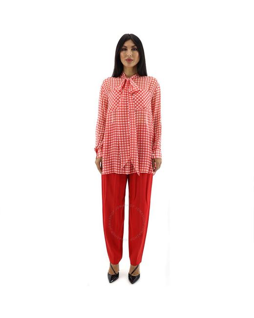 Burberry Red Gingham Silk Chiffon Pussy-bow Blouse