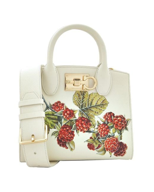Ferragamo White Floral Print Studio Top Handle Box Bag