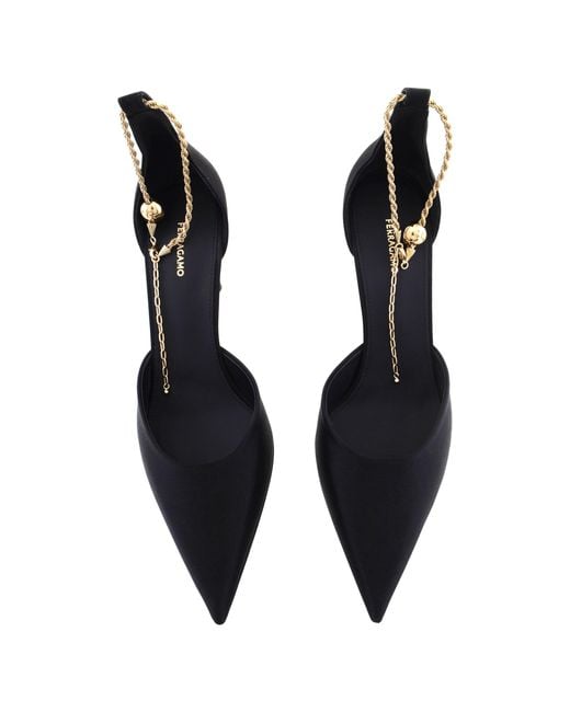 Ferragamo Black Dana Ankle Chain Pumps