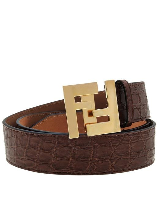 Fendi Brown Ff Logo Buckle Caiman Crocodile Leather Belt for men