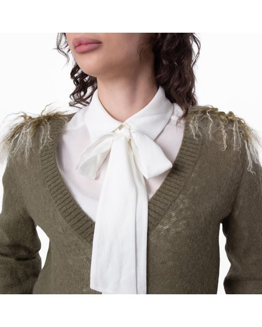 Burberry Green Wool Blend V-Neck Sweater With Shearling Detail