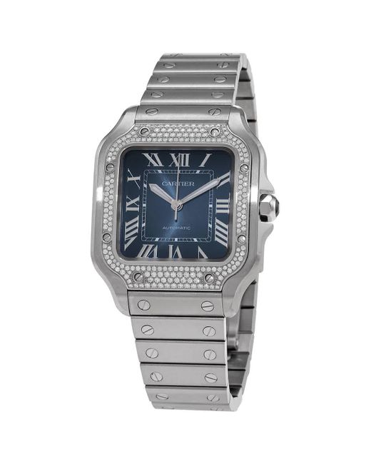Cartier Gray Santos Medium Model Automatic Diamond Blue Dial Watch