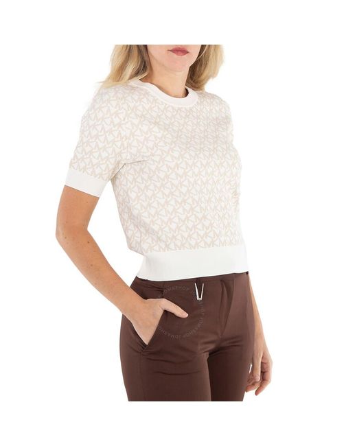 Michael Kors White Bone Logo Jacquard Short-sleeve Sweater