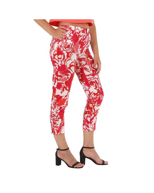 Roberto Cavalli Red Hydrangea / White Floral-print Straight-leg Silk Trousers