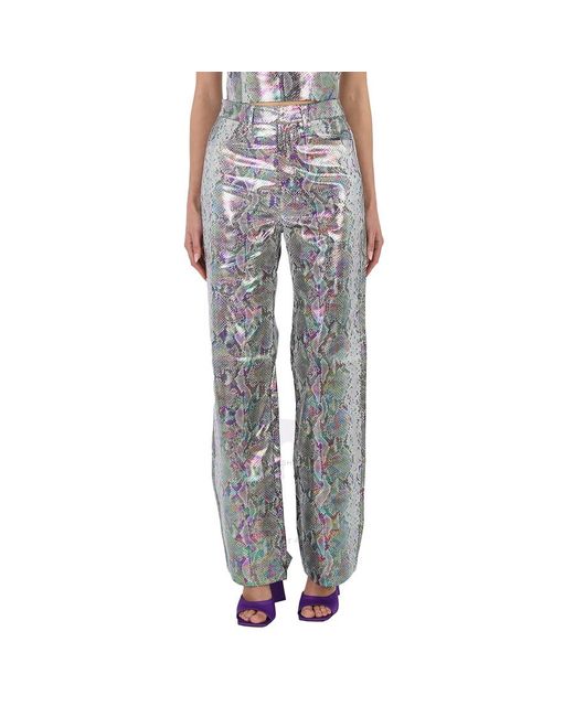 ROTATE BIRGER CHRISTENSEN Gray Snake Pu Straight Pants Silver Holographic